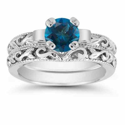 1 Carat London Blue Topaz Art Deco Bridal Ring Set, 14K White Gold -  - EGR3900LBTWSET
