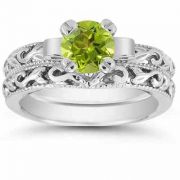 1 Carat Peridot Art Deco Bridal Ring Set, 14K White Gold