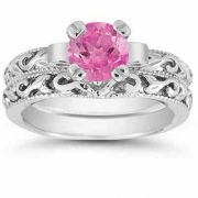 1 Carat Pink Topaz Art Deco Bridal Ring Set, 14K White Gold