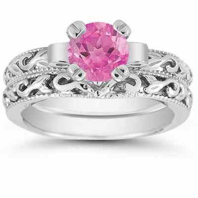 1 Carat Pink Topaz Art Deco Bridal Ring Set, 14K White Gold -  - EGR3900PTWSET