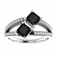1 Carat Princess Cut Black Diamond 2 Stone Engagement Ring White Gold