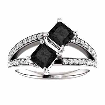 1 Carat Princess Cut Black Diamond 2 Stone Engagement Ring White Gold -  - STLRG-122934BLKDW