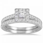 1 Carat Princess Diamond Halo Bridal Engagement Ring Set White Gold