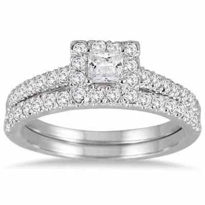 1 Carat Princess Diamond Halo Bridal Engagement Ring Set White Gold -  - BSS51595