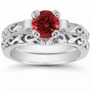 1 Carat Art Deco Ruby Bridal Ring Set in Sterling Silver