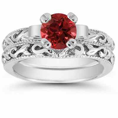 1 Carat Art Deco Ruby Bridal Ring Set in Sterling Silver -  - EGR3900RBSSSET
