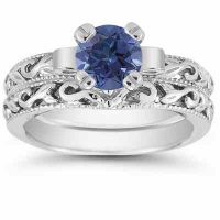 1 Carat Sapphire Art Deco Bridal Ring Set, 14K White Gold