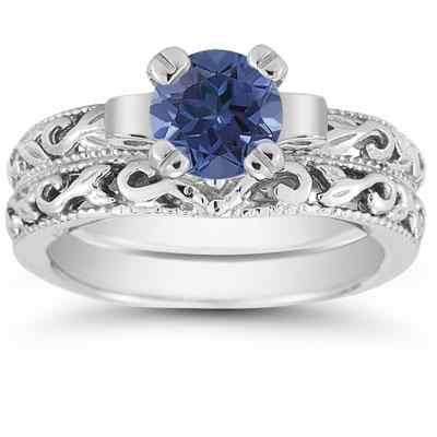 1 Carat Art Deco Sapphire Bridal Ring Set, Sterling Silver -  - EGR3900SPSSSET