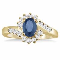 1 Carat Sapphire Diamond Flower Twist Ring, 14K Gold