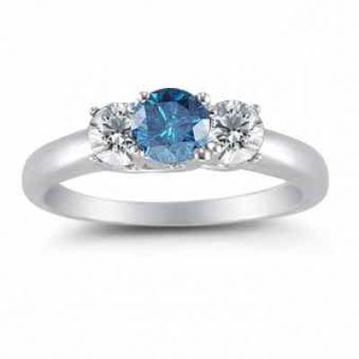 1 Carat Three Stone Blue and White Diamond Ring -  - BLDRG-12