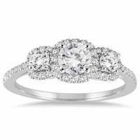 1 Carat Three-Stone Diamond Halo Ring, 14K White Gold