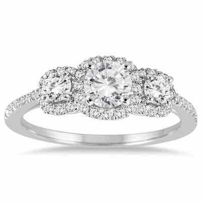 1 Carat Three-Stone Diamond Halo Ring, 14K White Gold -  - RGF51361