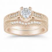 1 Carat Victorian Diamond Engagement Ring Set, 14K Rose Gold