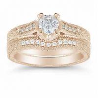 1 Carat Victorian Diamond Engagement Ring Set, 14K Rose Gold