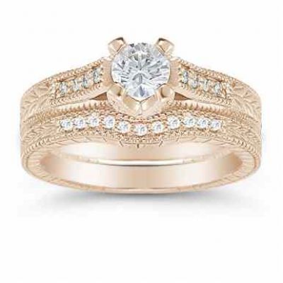 1 Carat Victorian Diamond Engagement Ring Set, 14K Rose Gold -  - US-ENS1013-ABR