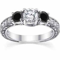 1 Carat White/Black Round Diamond Antique Engagement Ring, White Gold