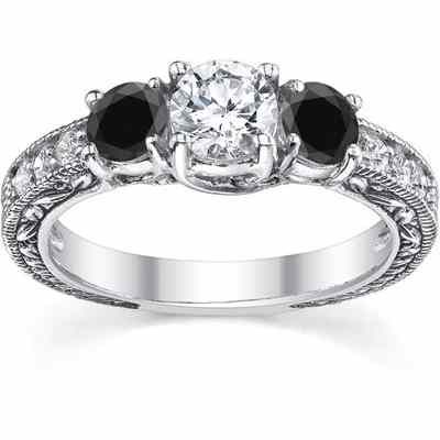 1 Carat White/Black Round Diamond Antique Engagement Ring, White Gold -  - QDR-6-BLKD