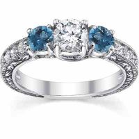1 Carat White/Blue Round Vintage Diamond Engagement Ring, White Gold