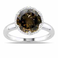 10mm Round Smoky Quartz and Diamond Halo Ring in Sterling Silver