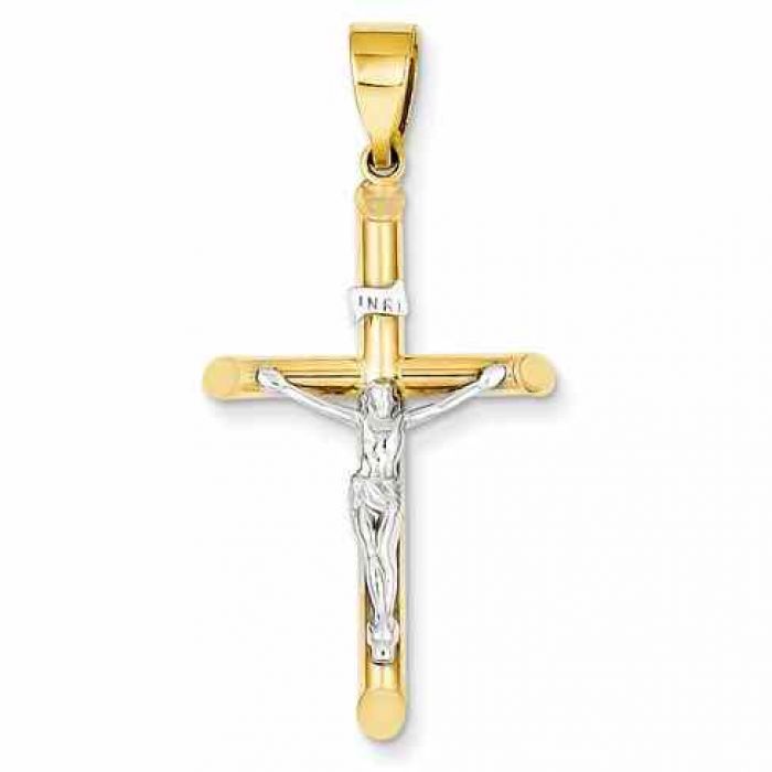 14K Two-Tone Gold Textured Spiral Tube Cross Crucifix Pendant 