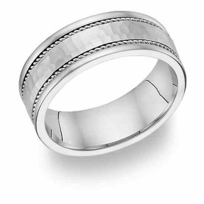 14 Karat White Gold Hammered Wedding Band Ring -  - WBAND-15