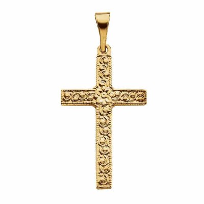 14K Gold Carved Flower Cross Pendant for Women -  - STLCR-R16200-Y