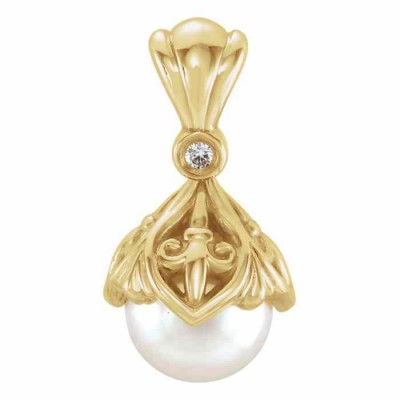 14K Gold Fleur-de-Lis Freshwater Pearl Pendant -  - STLPD-86567Y