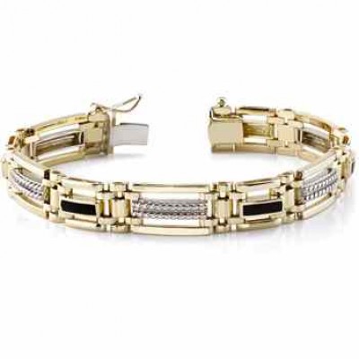14K Gold Men s Two-Tone Onyx Bracelet -  - BR81-4