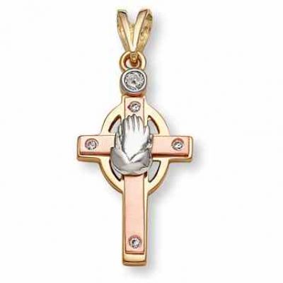 14K Gold Tri-Color Cross with Praying Hands -  - DP113-6