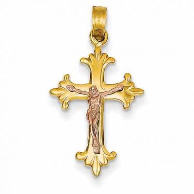 14K Rose and Yellow Gold Fleury Crucifix Pendant -  - QGCR-C4374