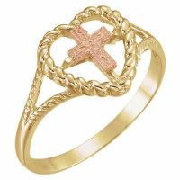 14K Rose and Yellow Gold Heart and Cross Ring