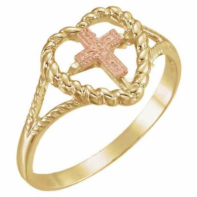 14K Rose and Yellow Gold Heart and Cross Ring -  - STLRG-R4302514K