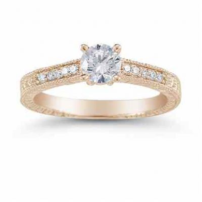 14K Rose Gold 0.33 Carat Vintage Floral Diamond Engagement Ring -  - US-ENR642R