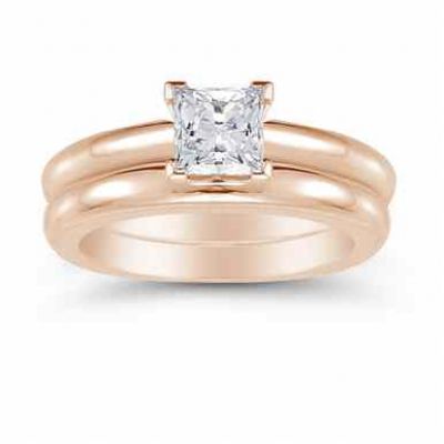 14K Rose Gold 0.75 Carat Princess Cut Diamond Engagement Ring Set -  - US-ENS1503-ABR