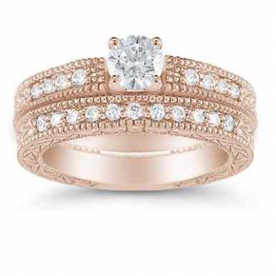 14K Rose Gold 0.98 Carat Victorian Diamond Engagement Ring Set -  - US-ENS395-ABR