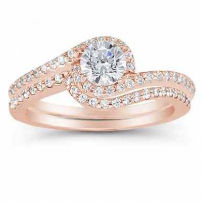 14K Rose Gold 1 Carat Diamond Swirl Engagement Ring Set -  - US-ENS1295-ABR