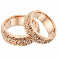 14K Rose Gold and Tr-Color Braided Wedding Band Ring Set