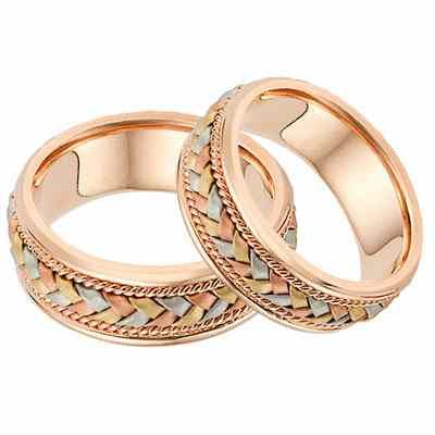 14K Rose Gold and Tr-Color Braided Wedding Band Ring Set -  - ROSE-D-SET