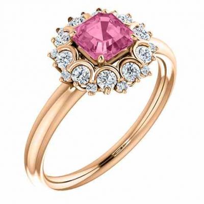 14K Rose Gold Asscher-Cut Pink Sapphire and Diamond Cluster Ring -  - STLRG-71590PSD-R