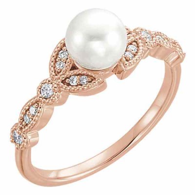 14K Rose Gold Cultured Freshwater Pearl Diamond Leaf Ring -  - STLRG-6491R