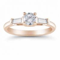 14K Rose Gold Round and Baguette Diamond 3 Stone Engagement Ring