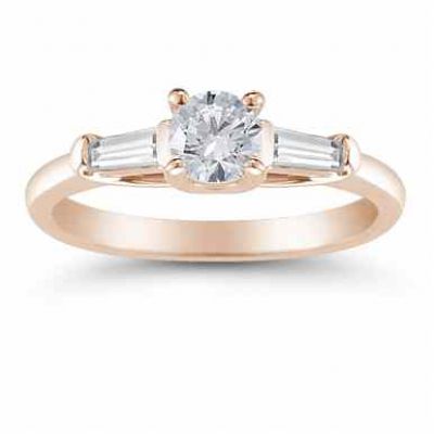 14K Rose Gold Round and Baguette Diamond 3 Stone Engagement Ring -  - US-ENR481R