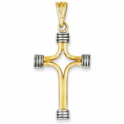 14K Two-Tone Cross Pendant with Rhodium -  - QGCR-K1201