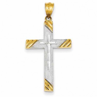 14K Two-Tone Gold Diamond-Cut Cross Pendant -  - QGCR-C3796