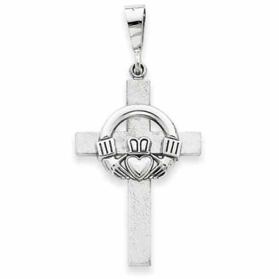 14K White Gold Claddagh Cross Pendant -  - QGCR-K459