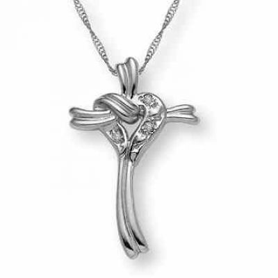 14K White Gold Cross and Heart-Knot Diamond Necklace -  - PDC4652