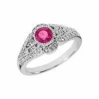 14K White Gold Diamond and Pink Topaz Art Deco Design Ring