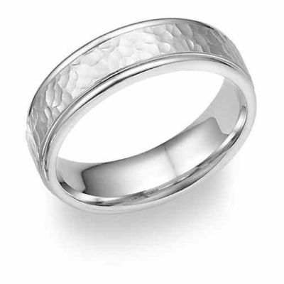 14K White Gold Hammered Wedding Band Ring -  - WED-PA