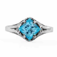 Art Deco Style Princess Cut Blue Topaz Ring in Sterling Silver