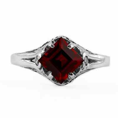 Art Deco Style Princess Cut Garnet Ring in Sterling Silver -  - HGO-E039GTSS